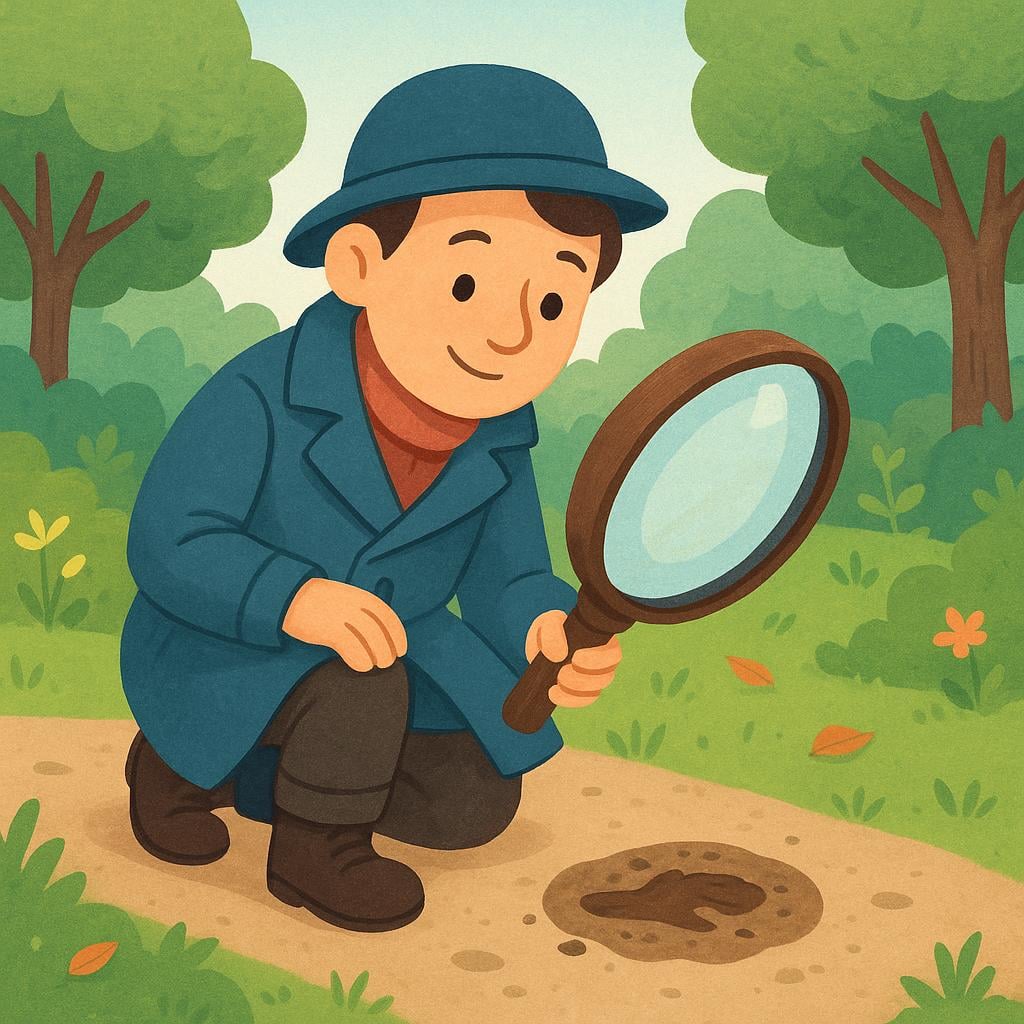 A friendly investigator wearing a trench coat and a hat, kneeling down and closely examining a small footprint on the ground using a large magnifying glass, symbolizing the process of searching for clues.