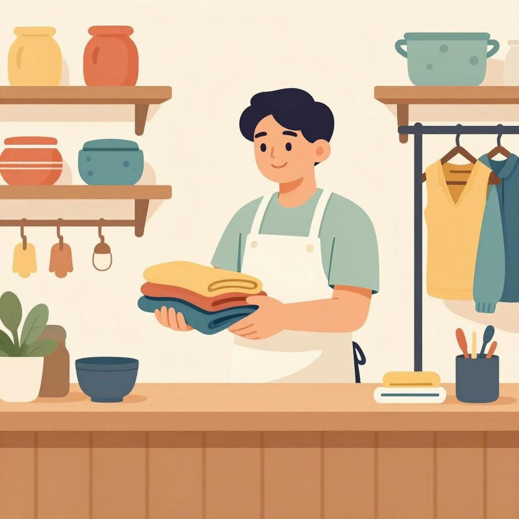 A friendly shop assistant standing behind a retail counter, holding a folded shirt.
