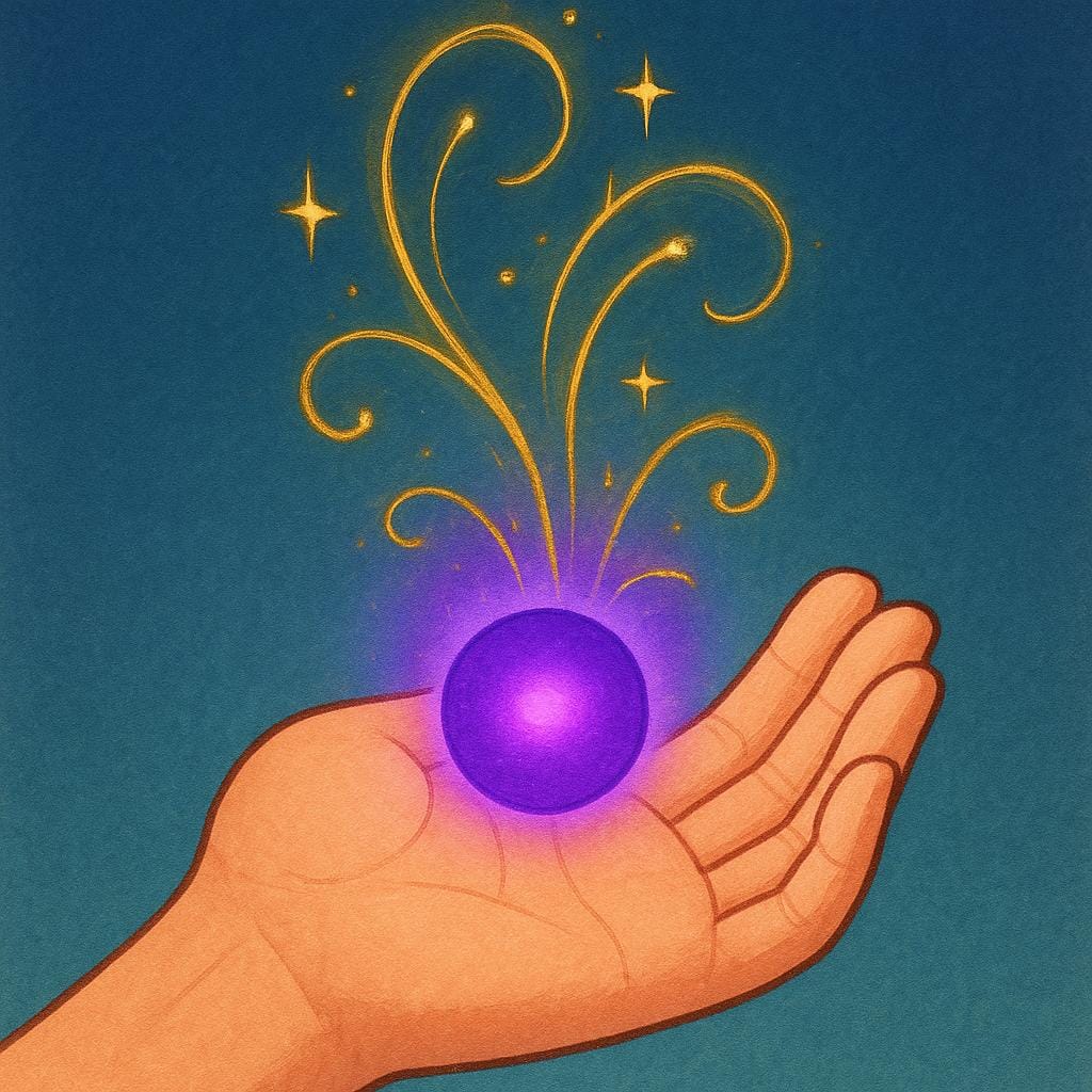 A single hand emerging from darkness, holding a simple, glowing, purple orb from which swirling magical energy emanates, representing a spell.