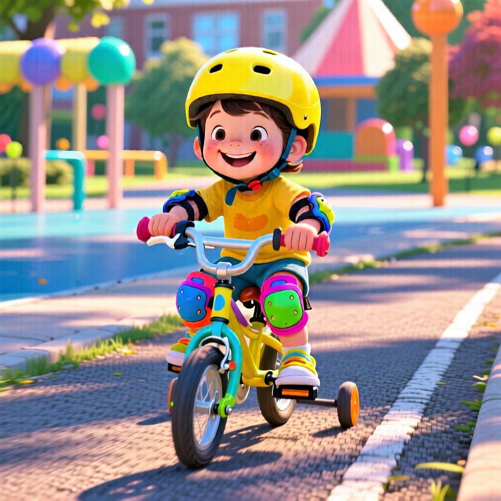 A child safely riding a bicycle with a helmet and knee pads in a park.