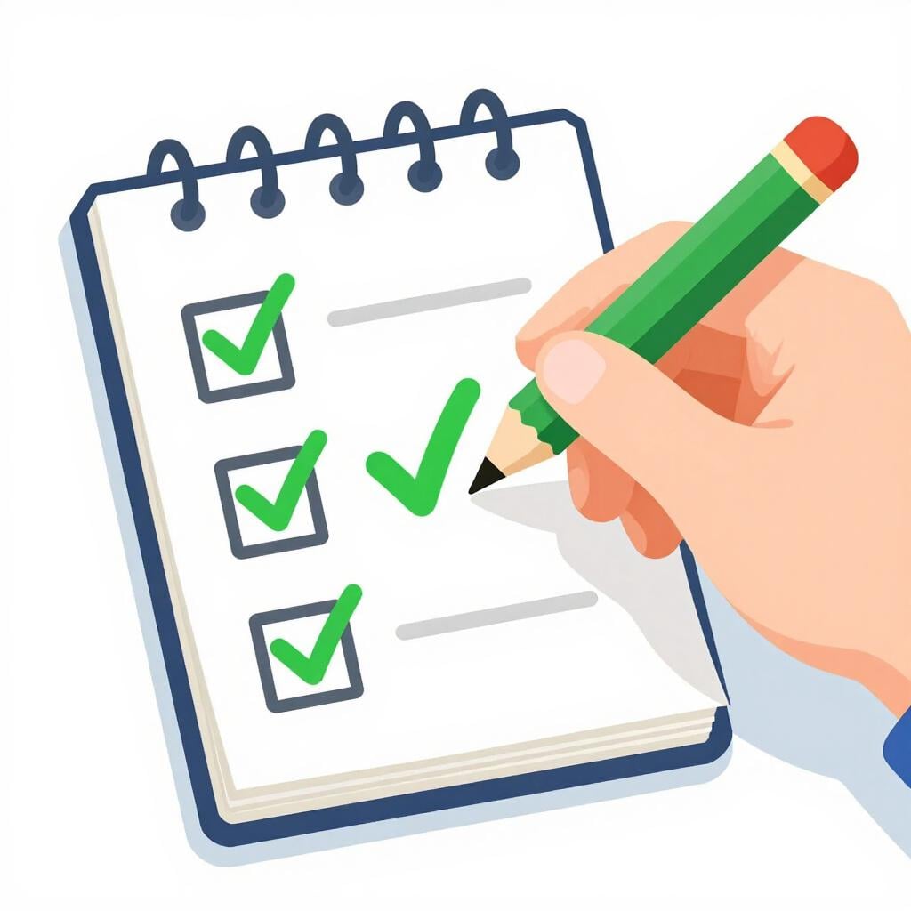 Uma ilustração colorida de uma pessoa riscando rapidamente itens de uma lista curta com um lápis verde.