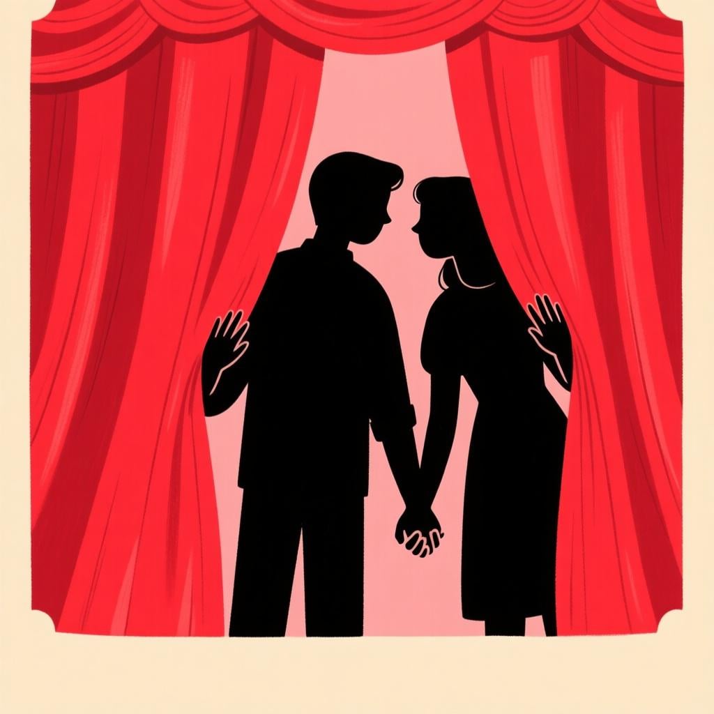 Two figures secretly holding hands behind a red curtain, symbolizing a hidden romantic affair.