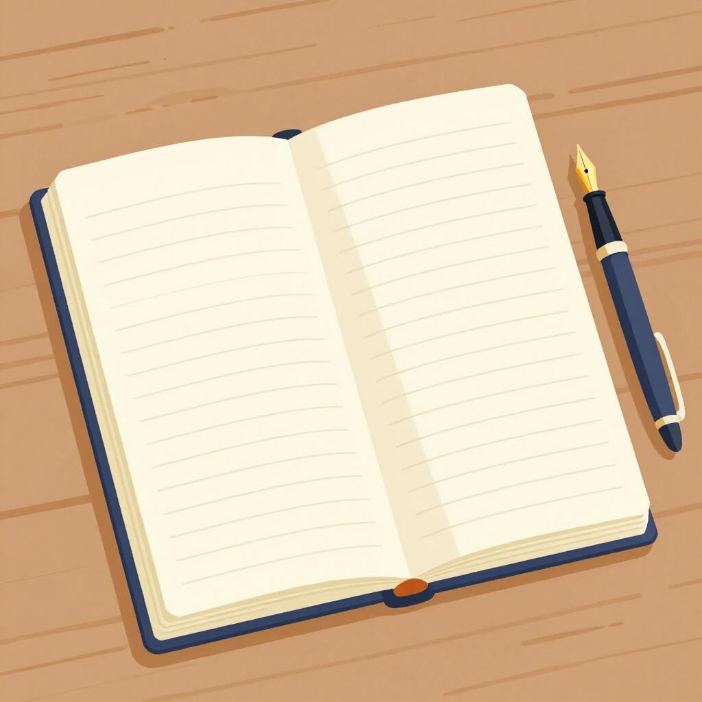 A leather-bound ledger book lying open on a wooden table next to a fountain pen.