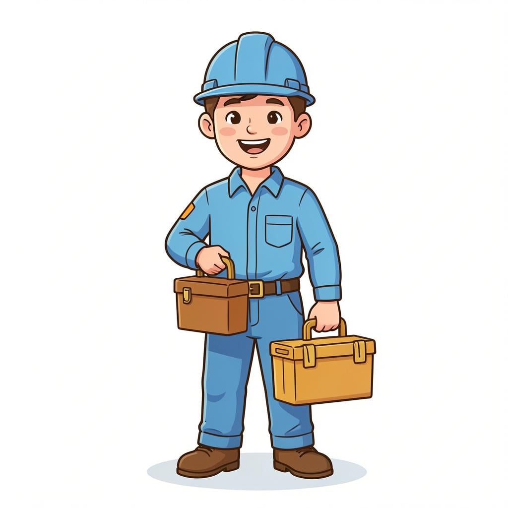 A person wearing a professional uniform and a name tag, smiling while holding a toolbox.