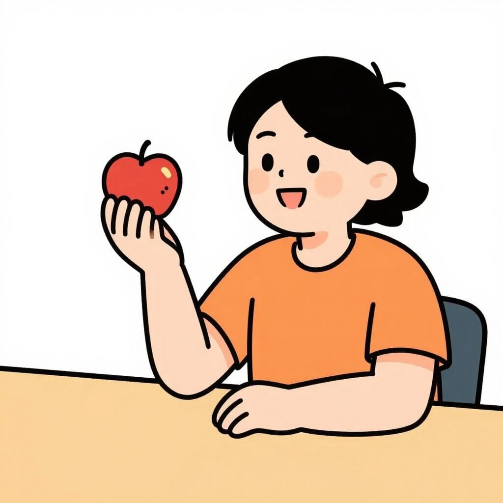 A person smiling while holding a small, slightly bruised apple instead of a large perfect one.
