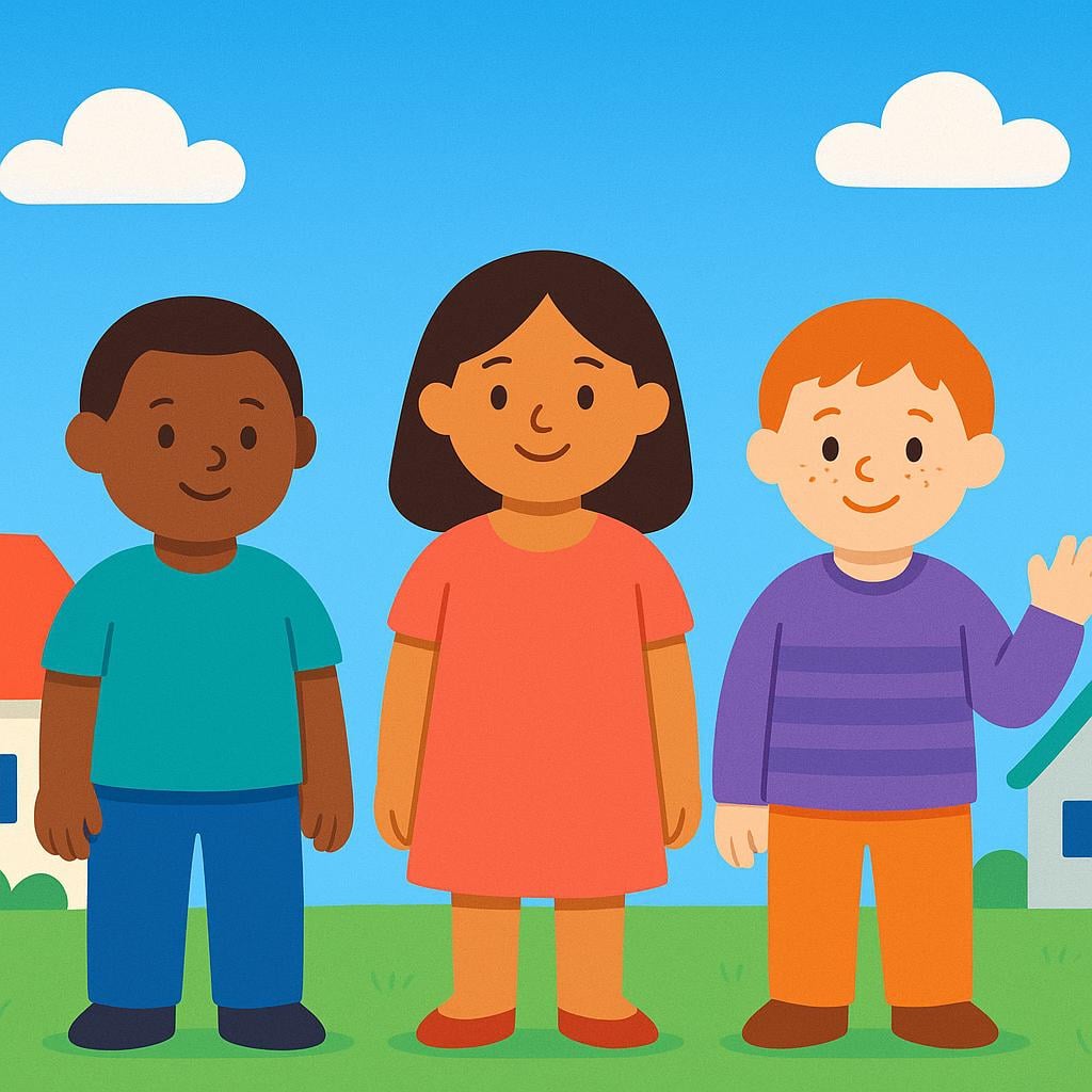 A high quality simple colorful storybook illustration showing three diverse, stylized human figures standing outside two small, brightly colored houses, representing people who live in a community.