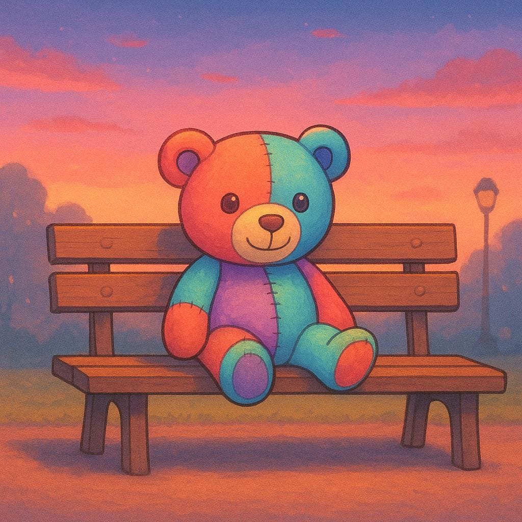 A storybook illustration of a bright red teddy bear sitting alone on a long wooden park bench, suggesting it was left behind.