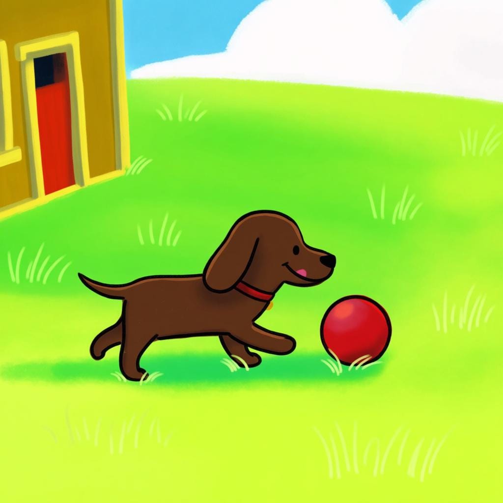 A small dog playing with a red ball on bright green grass, clearly positioned outside a simple yellow house.