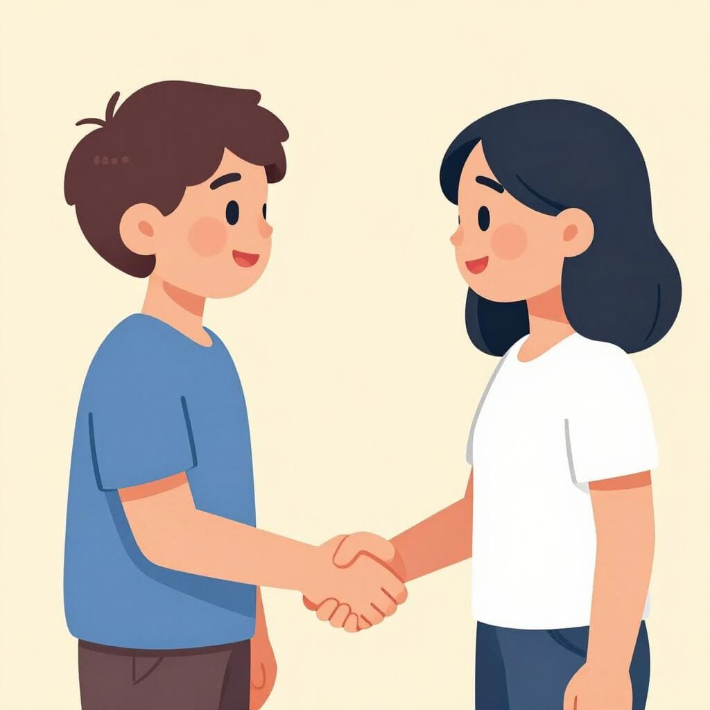 A friendly person looking someone in the eye and shaking their hand warmly, symbolizing trust.