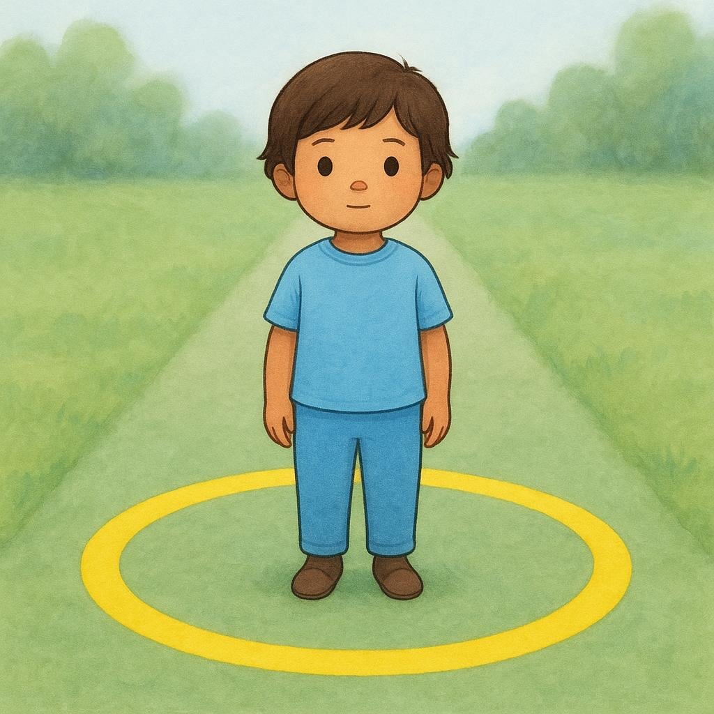 A young child standing still and centered inside a bright yellow circle painted on a simple green path, symbolizing the immediate current moment.