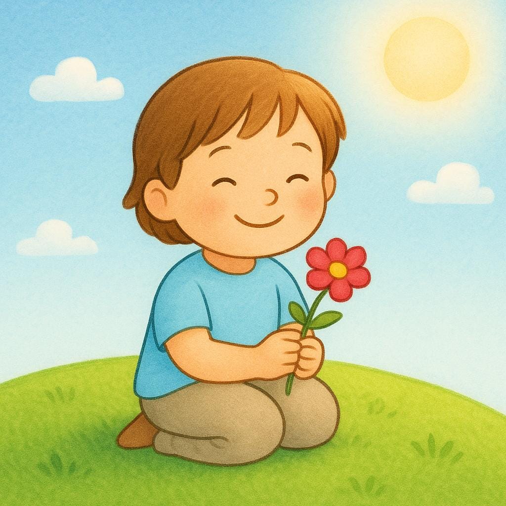 A happy child sitting on a patch of green grass under bright sunshine, smiling widely with closed eyes while holding a single brightly colored flower, symbolizing simple enjoyment.