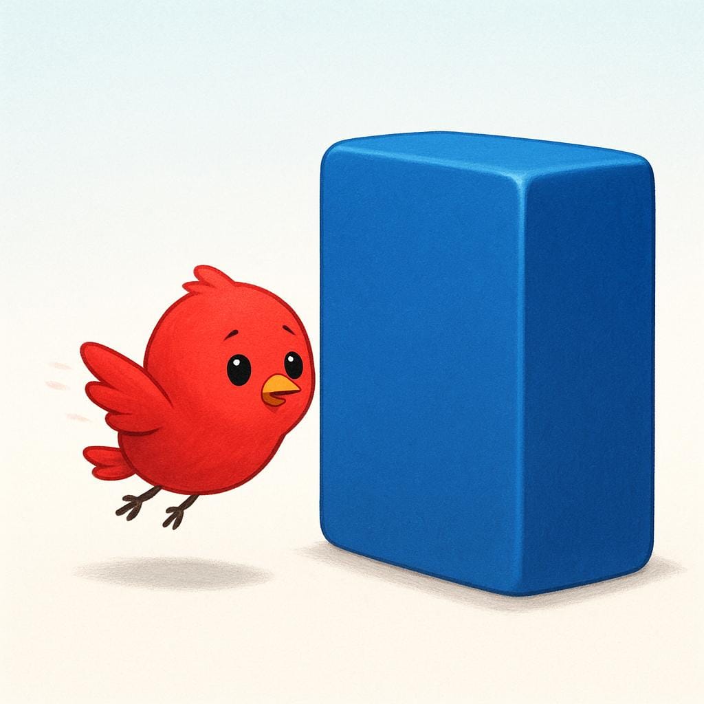A colorful illustration showing a small red bird stopped abruptly because a large, smooth blue block completely obstructs its flight path.