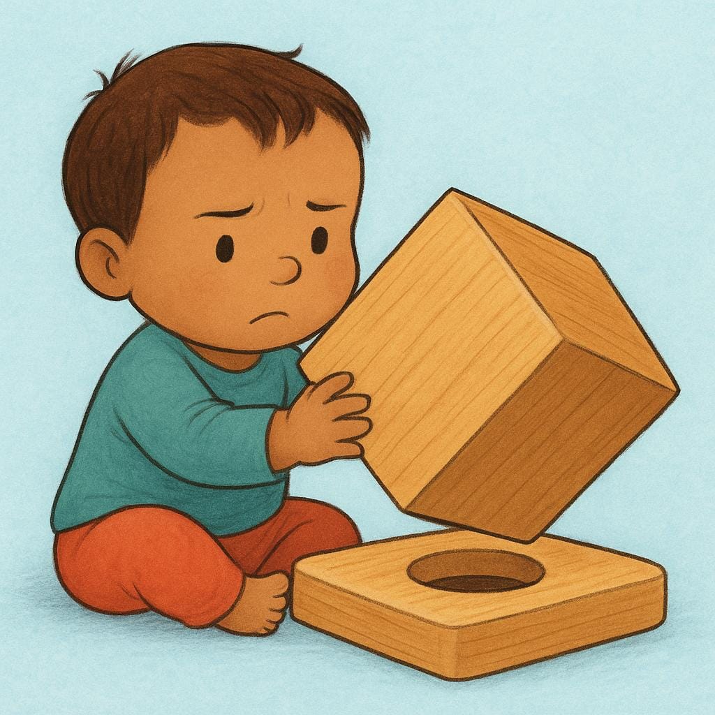 A child attempting to push a large square wooden block into a small round hole on a shape-sorter toy board, illustrating a clear mistake or incorrect action.
