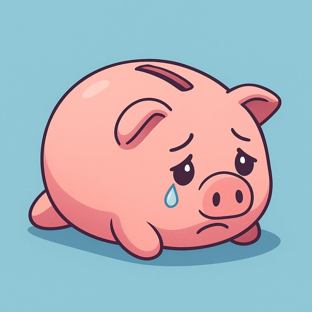A sad-looking ceramic piggy bank lying on its side, with the coin slot clearly empty, emphasizing financial destitution.