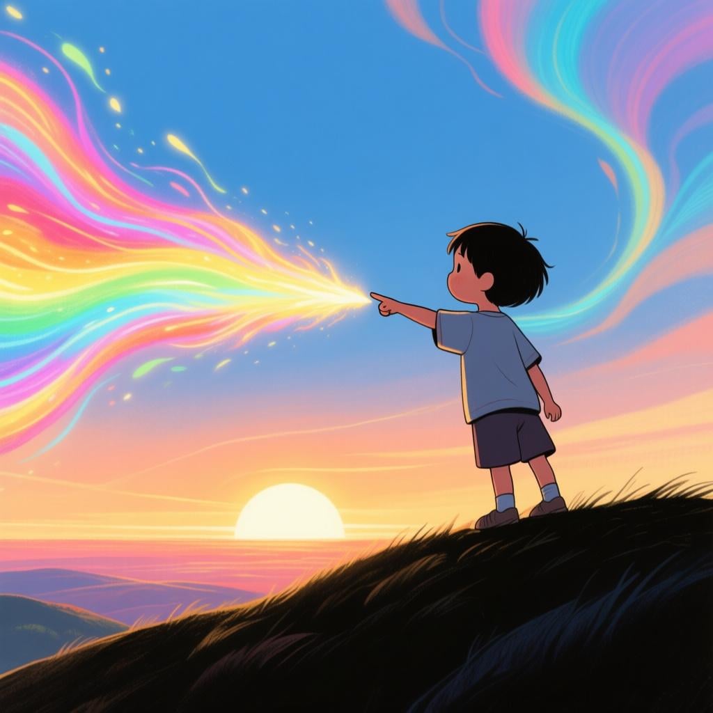 A child standing on a hill at sunrise, confidently pointing into the distance while a stream of vibrant light flows from their mouth toward the horizon, symbolizing a future statement or promise.