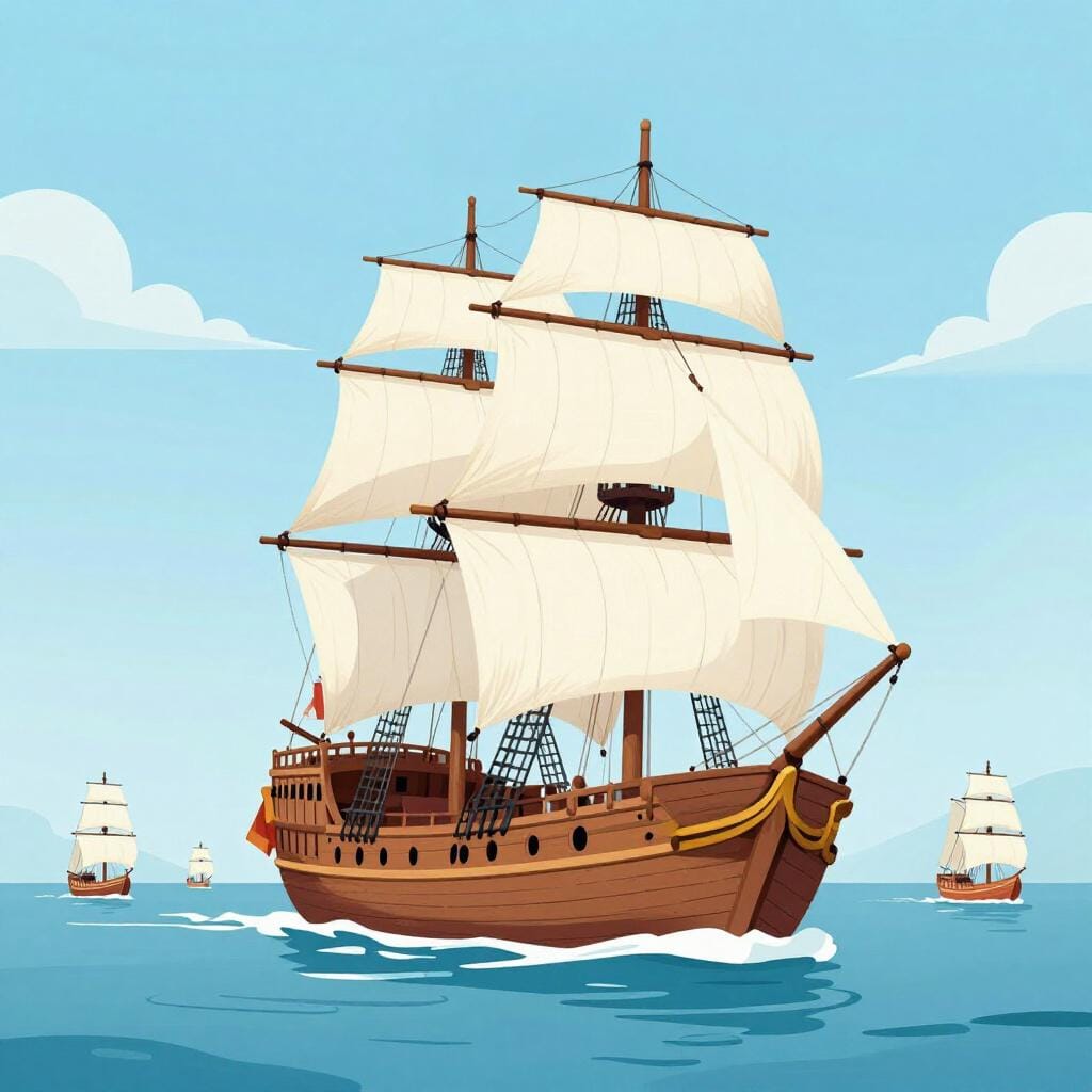 A large, grand sailing ship with many white sails leading a group of smaller boats across a blue sea.