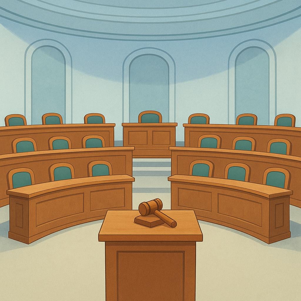 A colorful storybook illustration of a formal legislative chamber. The room features high ceilings and a semi-circular arrangement of wooden desks and chairs, indicating a meeting place for lawmakers. A large wooden gavel rests prominently on a central elevated podium.