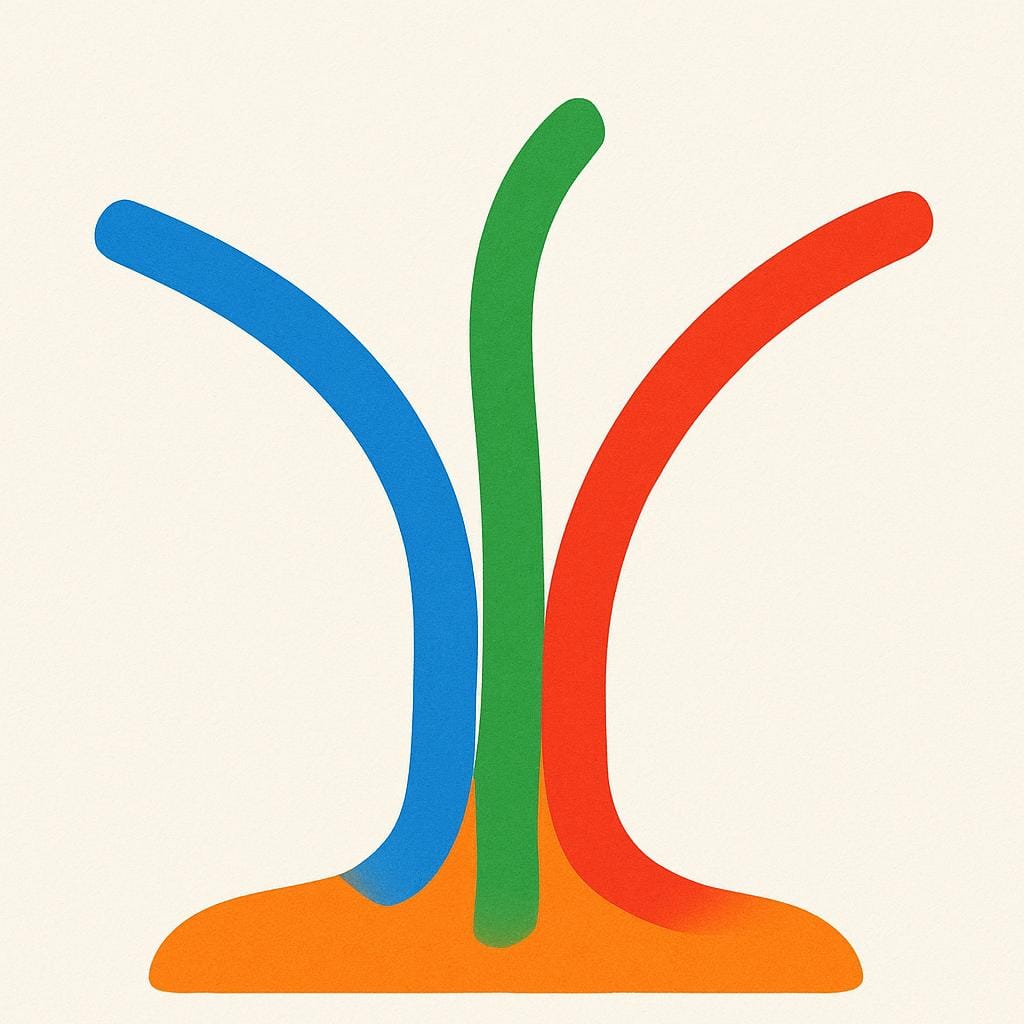A colorful illustration showing a thick main element splitting into three distinct, separate paths, symbolizing a division or subdivision.