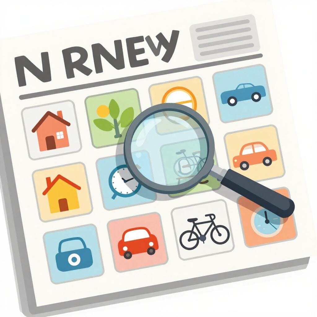 A newspaper page with a grid of small boxes containing icons of a house and a car, representing classified ads.