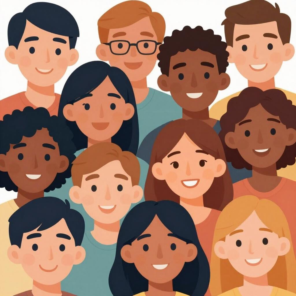 A collection of several diverse and smiling human faces shown together in a friendly group.