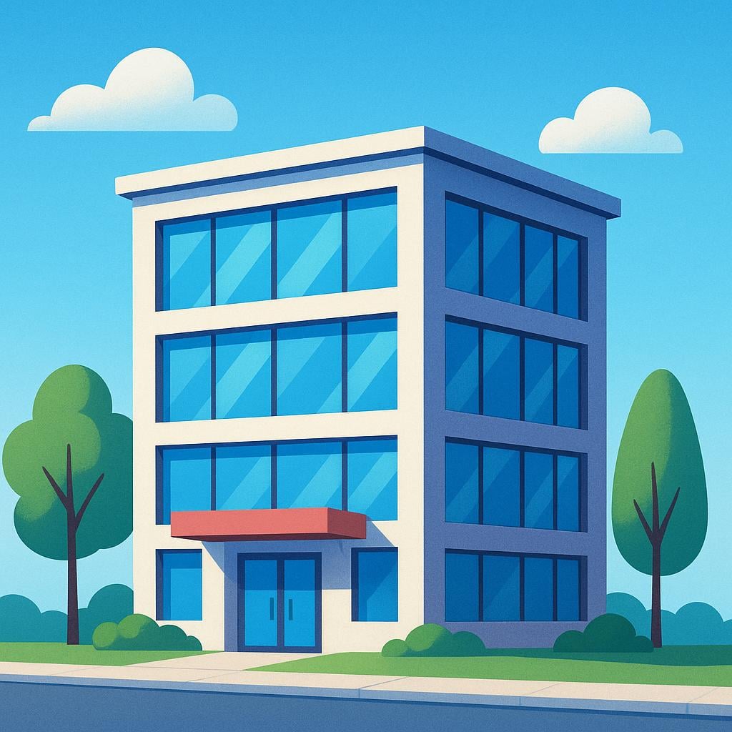 A high quality storybook illustration of a stylized, colorful commercial office building with large windows, representing a business firm.