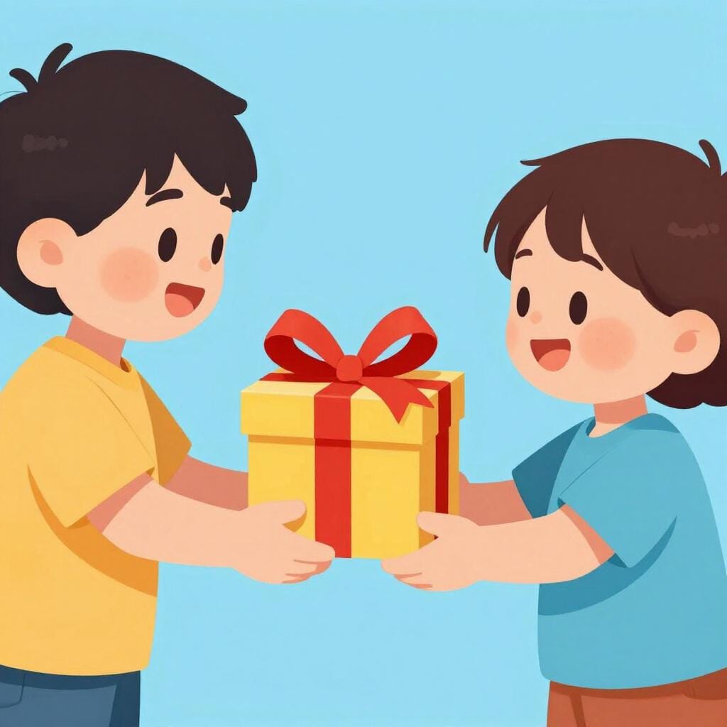 Een kind dat een kleurrijk ingepakt cadeau met een grote strik aan een lachende vriend geeft.