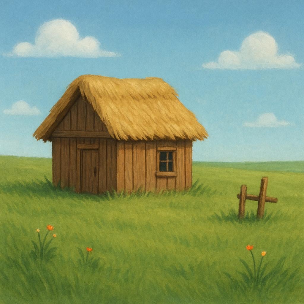 A small, simple wooden shack with a thatched roof standing alone in an open field, symbolizing a lack of development.