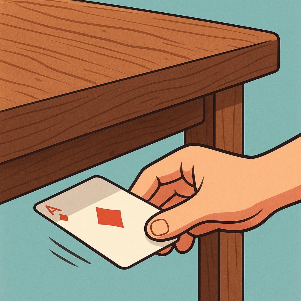 A cartoon character's hand secretly sliding a single playing card from under a table while looking around nervously, symbolizing deceit or dishonesty.