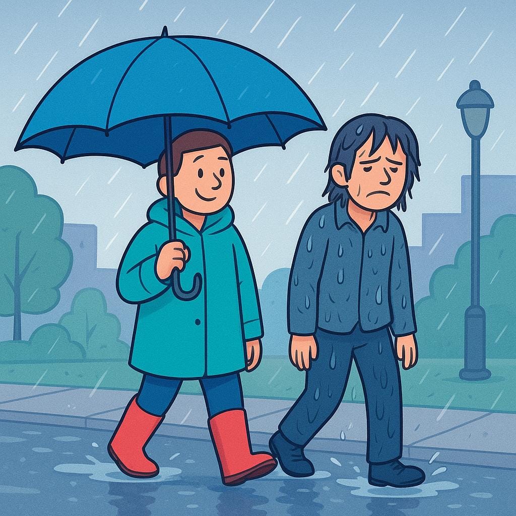 Un'illustrazione di alta qualità in stile libro di fiabe che raffigura una persona che cammina su un sentiero, portando uno zaino enorme e traboccante e usando un grande ombrello solo per sé, ignorando il fatto che un'altra persona accanto a lei si sta bagnando sotto la pioggia.