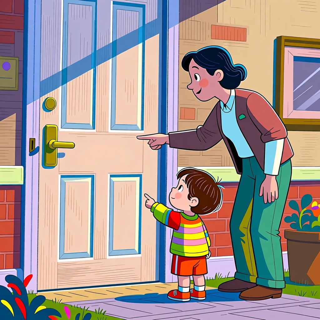 A small, wide-eyed child standing next to an adult, respectfully pointing towards a closed door, asking for permission to open it.