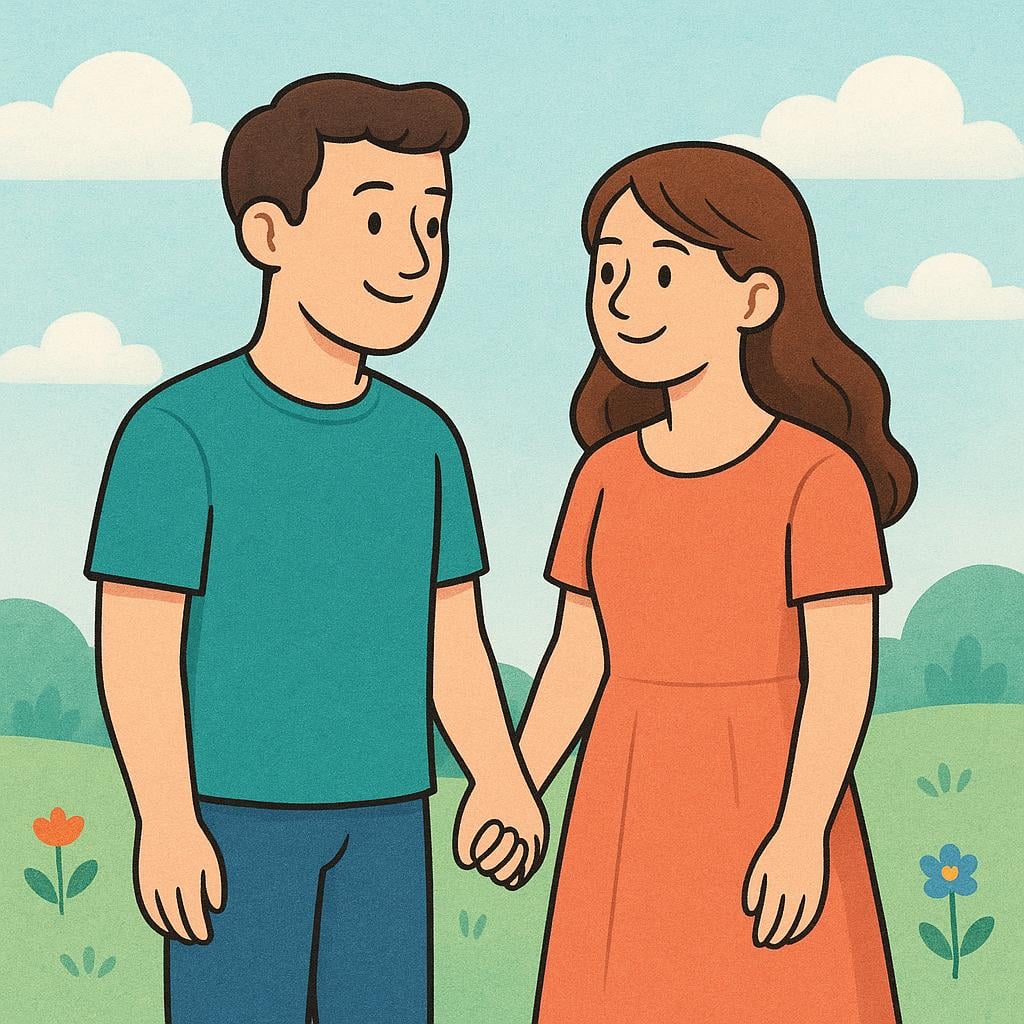A simple illustration of a man and a woman holding hands, representing a couple.