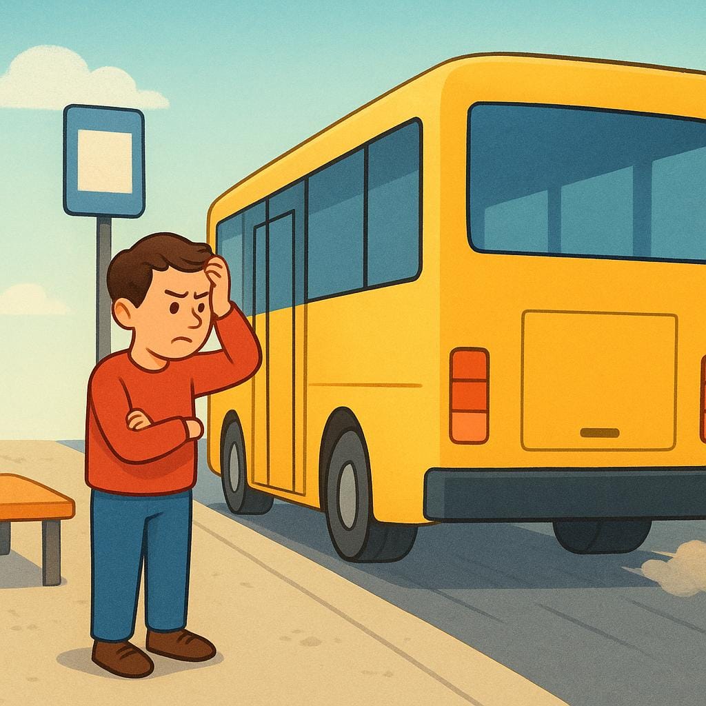 バス停から離れていく大きな黄色いバスを見ていらだっている人。バスに乗り遅れた様子。