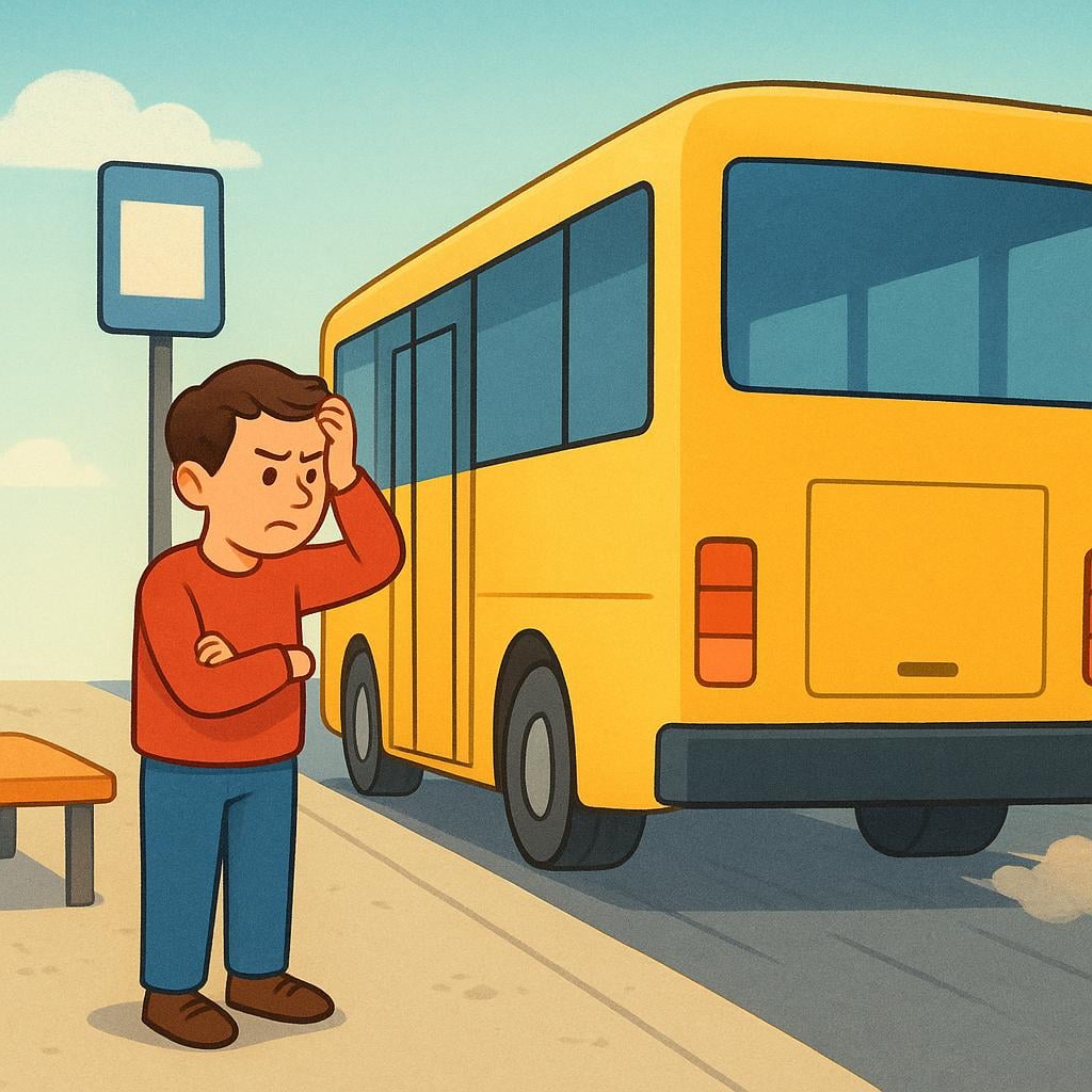 A frustrated person watching a large yellow bus pull away from the stop, having missed it.