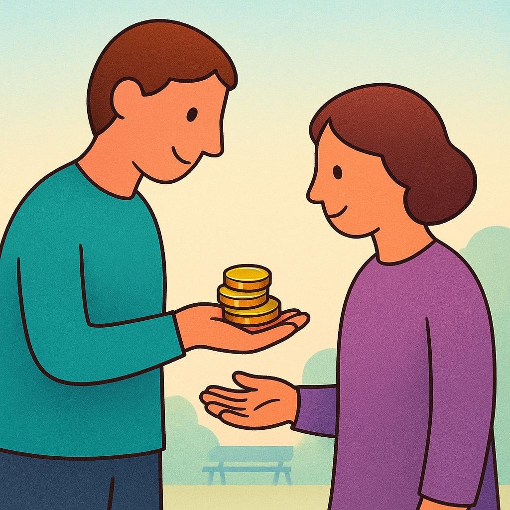 A simple storybook illustration depicting one stylized figure extending a small stack of golden coins into the open hand of a second figure, symbolizing financial support.