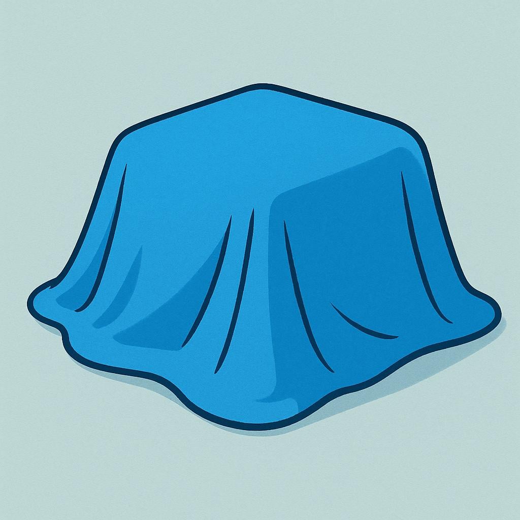A red box being completely draped and concealed by a bright blue blanket.