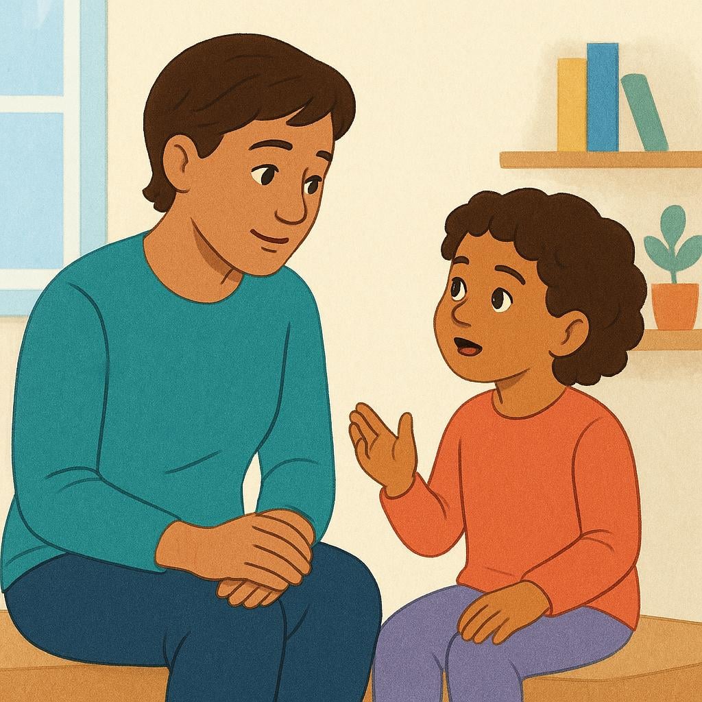 A kind adult leaning in with a thoughtful, focused expression, looking directly at a distressed child who is speaking, illustrating the act of listening attentively to advice or complaints.