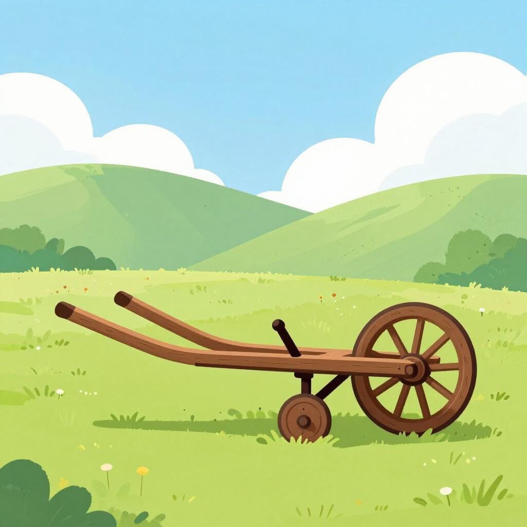 Een oude houten ploeg die in een veld staat naast een moderne tractor.