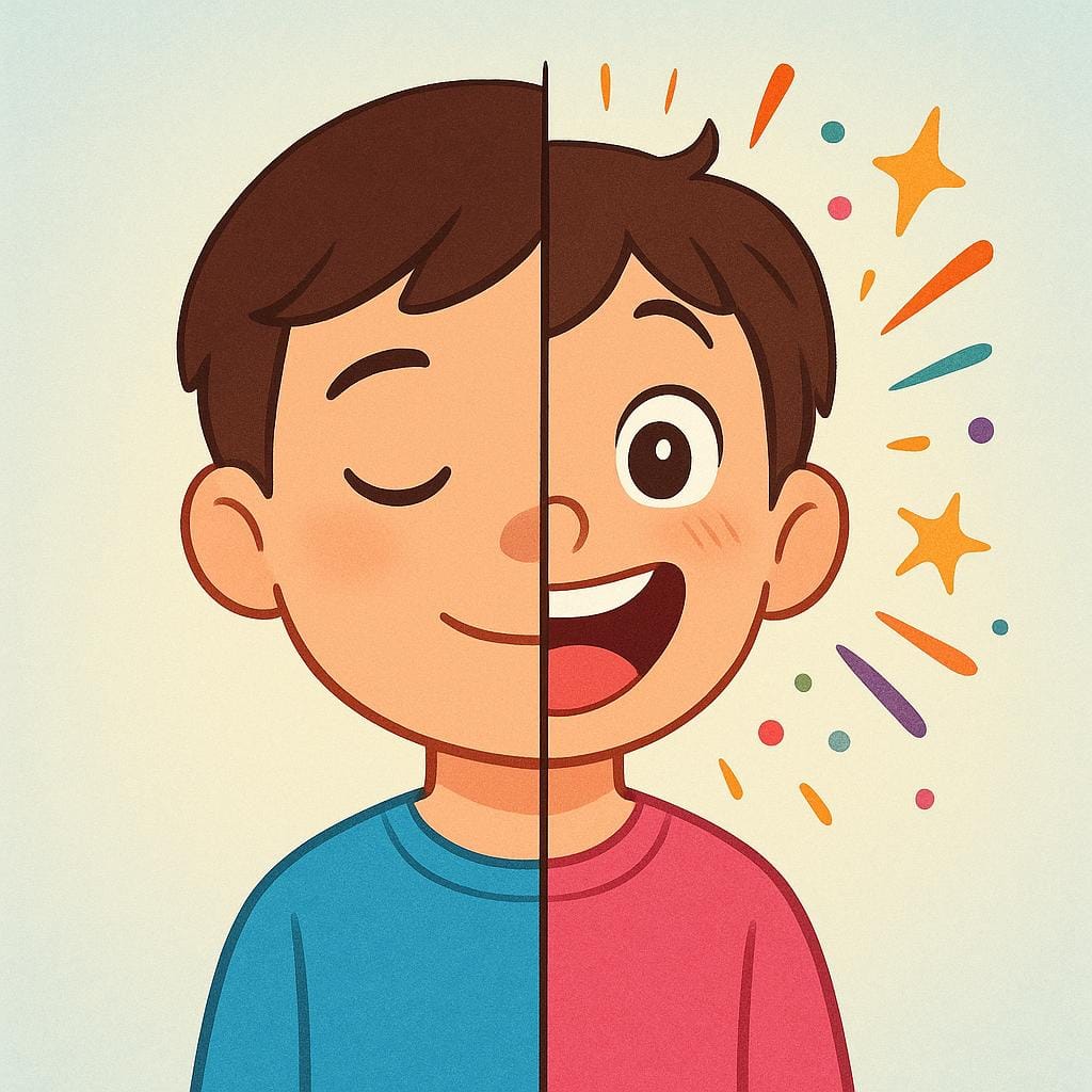 A character's face changing expression from neutral to a wide, joyful smile, surrounded by bright yellow light, illustrating a change in state.