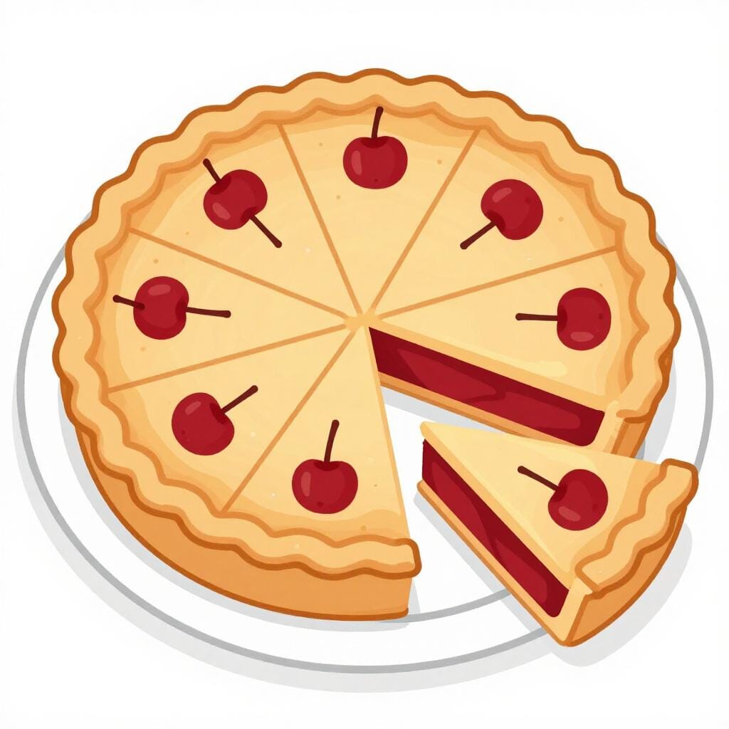 Une tarte ronde coupée en neuf parts égales, avec une seule part légèrement éloignée des autres.