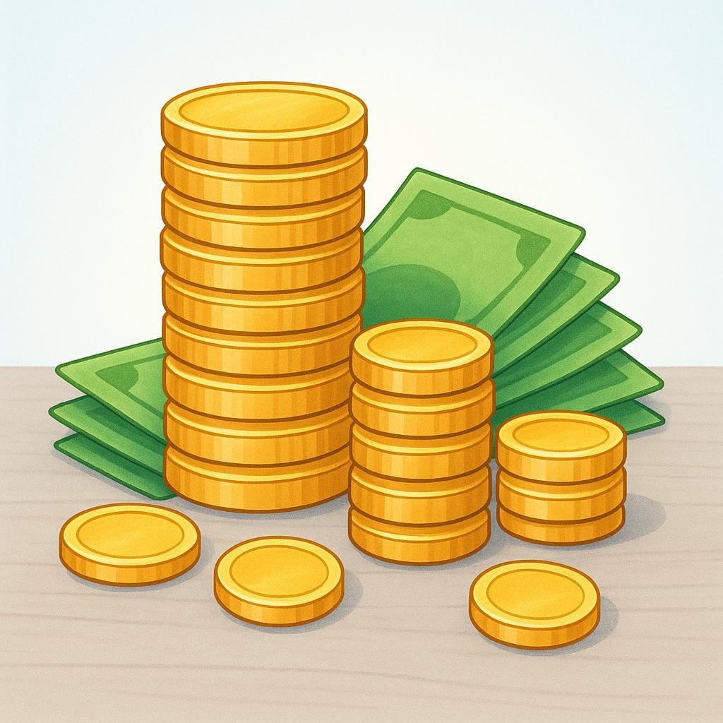 A simple illustration of a large, neat stack of generic gold coins and green paper bills.