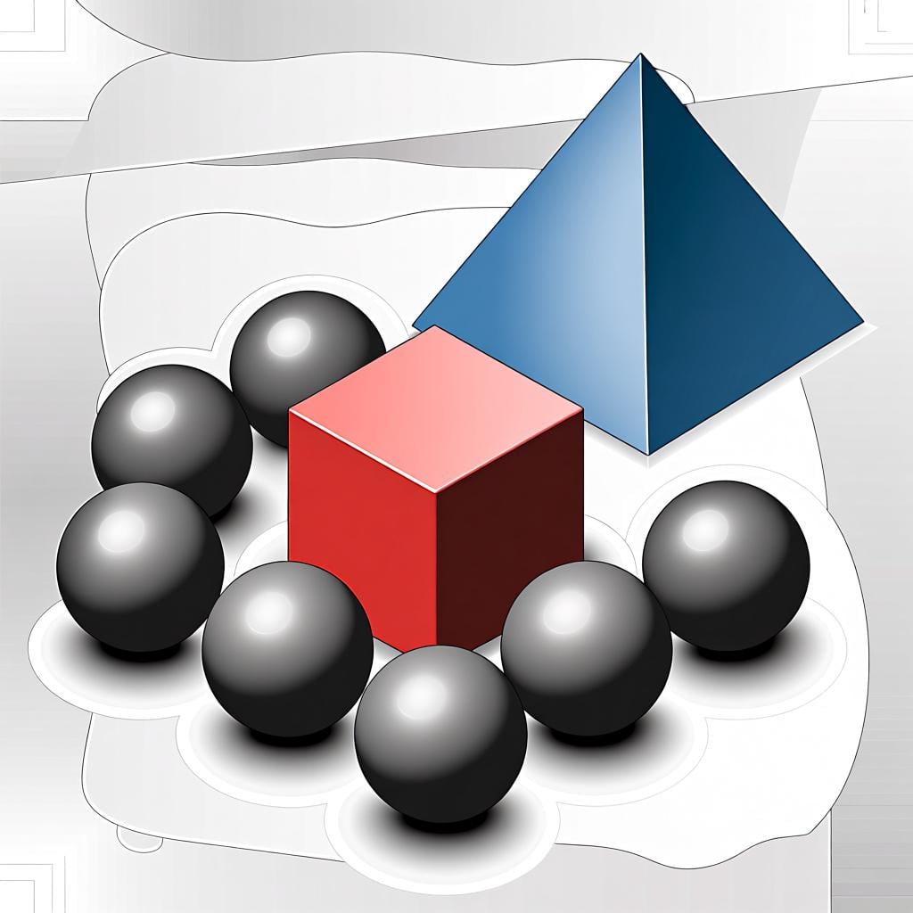 A collection of ten identical gray spheres divided into two distinct subgroups. One subgroup of five spheres is clustered around a large red cube, and the other subgroup of five spheres is clustered around a large blue pyramid.