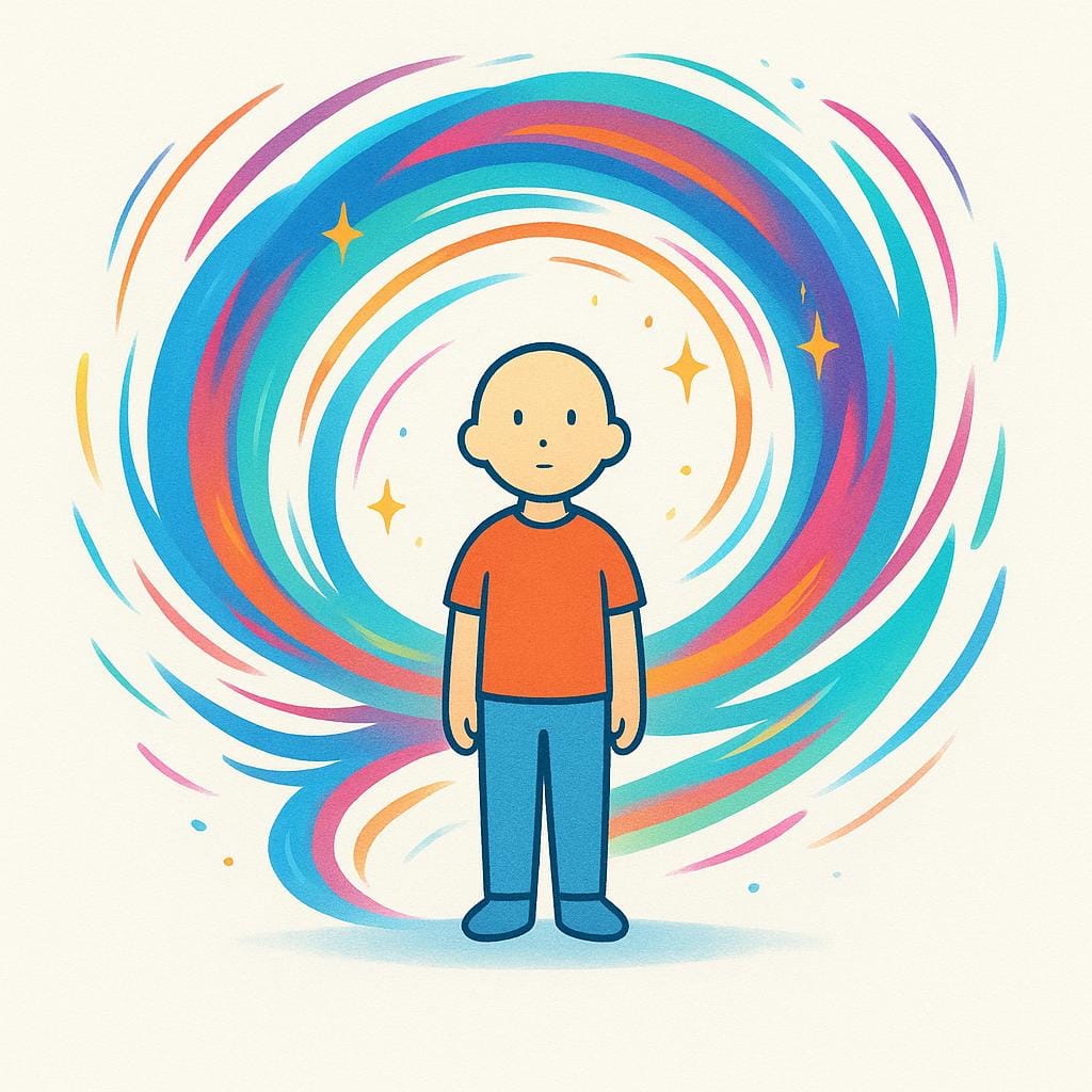 Uma ilustração simples de uma pessoa parada, envolta por um grande vórtice rodopiante de luz e energia de cores vivas, representando um sentimento ou emoção forte.