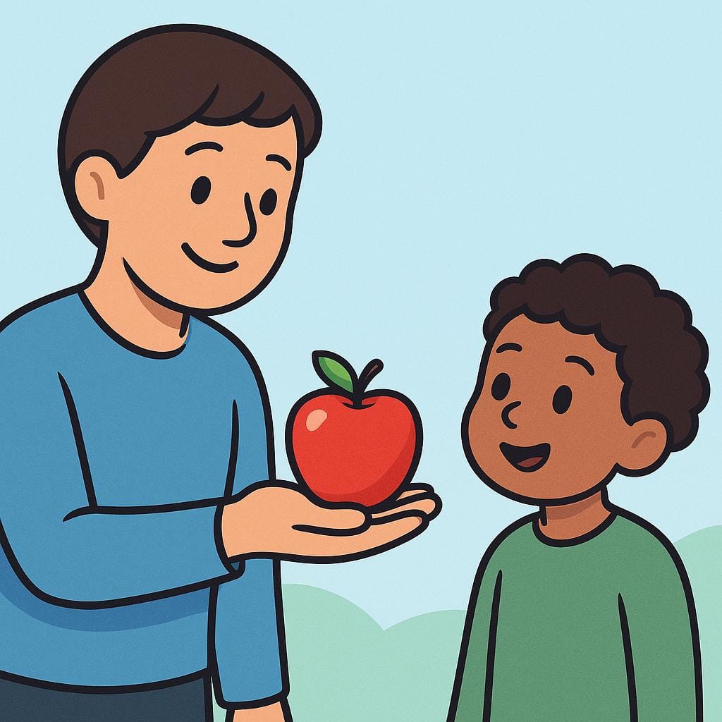 Un adulte tenant une pomme rouge vif pour la montrer à un jeune enfant qui regarde la pomme avec curiosité.