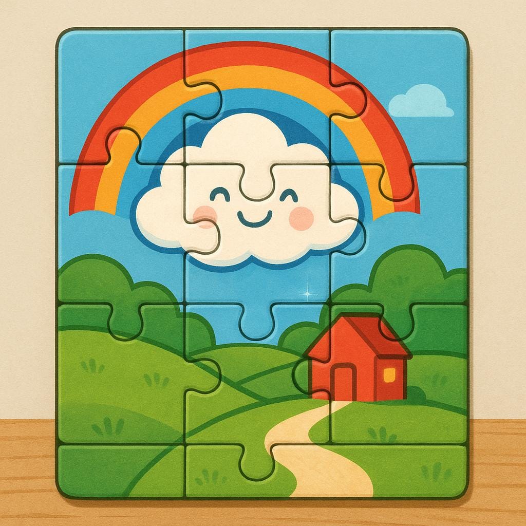 明るい色使いのシンプルな絵本風イラスト。パズルの最後のピースがカチッとはまり、全体像が完成した様子。