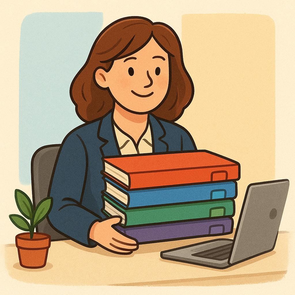 Een kleurrijke boekillustratie van een vrouw die achter een opgeruimd bureau zit en glimlachend een stapel papieren organiseert, wat een kantoormedewerker voorstelt.