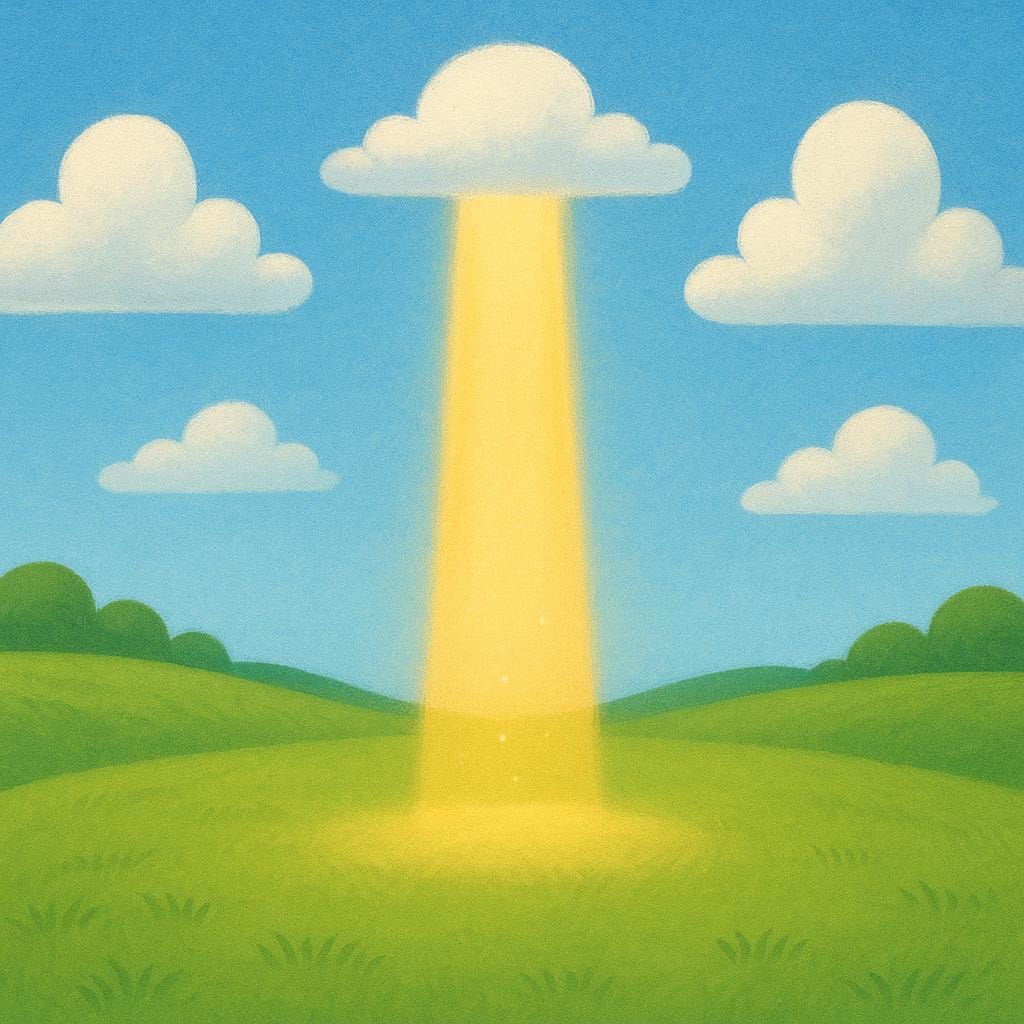 A powerful, ethereal golden light shining down from the sky onto a tranquil, empty grassy hill, suggesting a divine or unexplained presence.