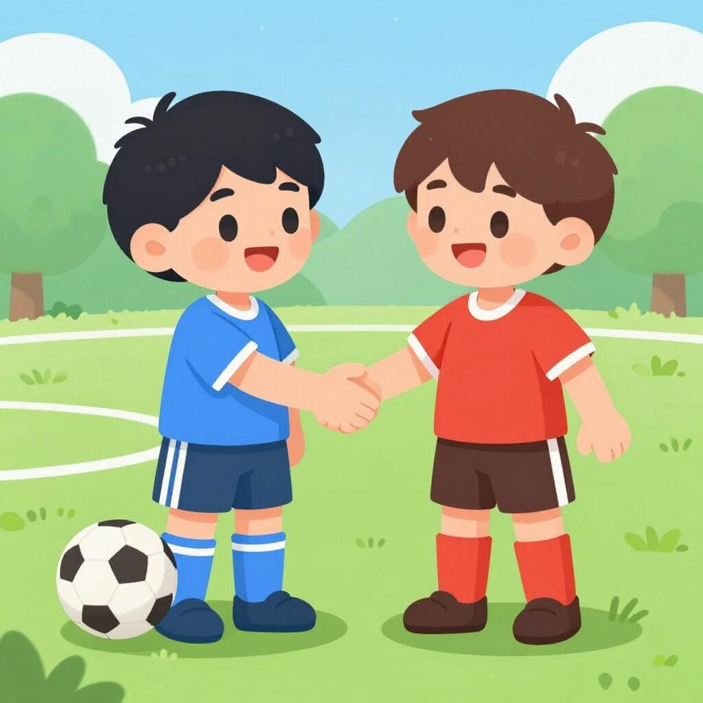 Two children in different colored soccer jerseys shaking hands on a green field.