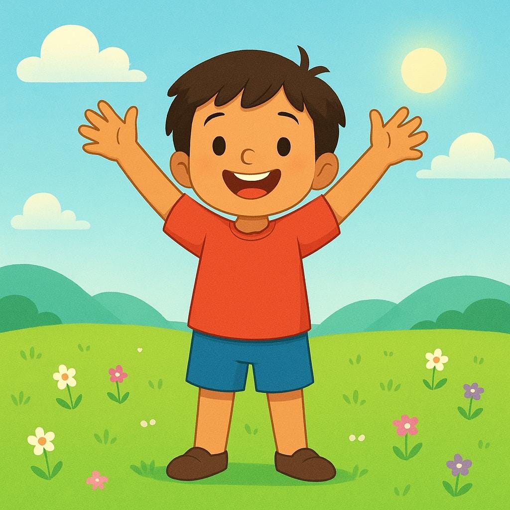 Uma ilustração em cores vivas mostrando uma criança pequena com um sorriso largo, em pé em um campo ensolarado com os braços abertos, expressando felicidade.