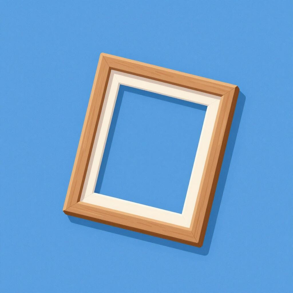 A square picture frame hanging at a sharp angle on a plain wall.