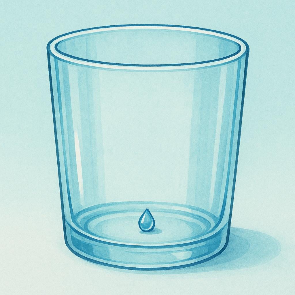 A small, single drop of water falling into a large empty glass.